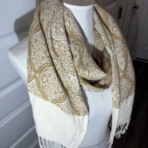 Sophia Indian Pashmina Wrap Scarf Cream Mustard Yellow Fringe Luxurious cozy